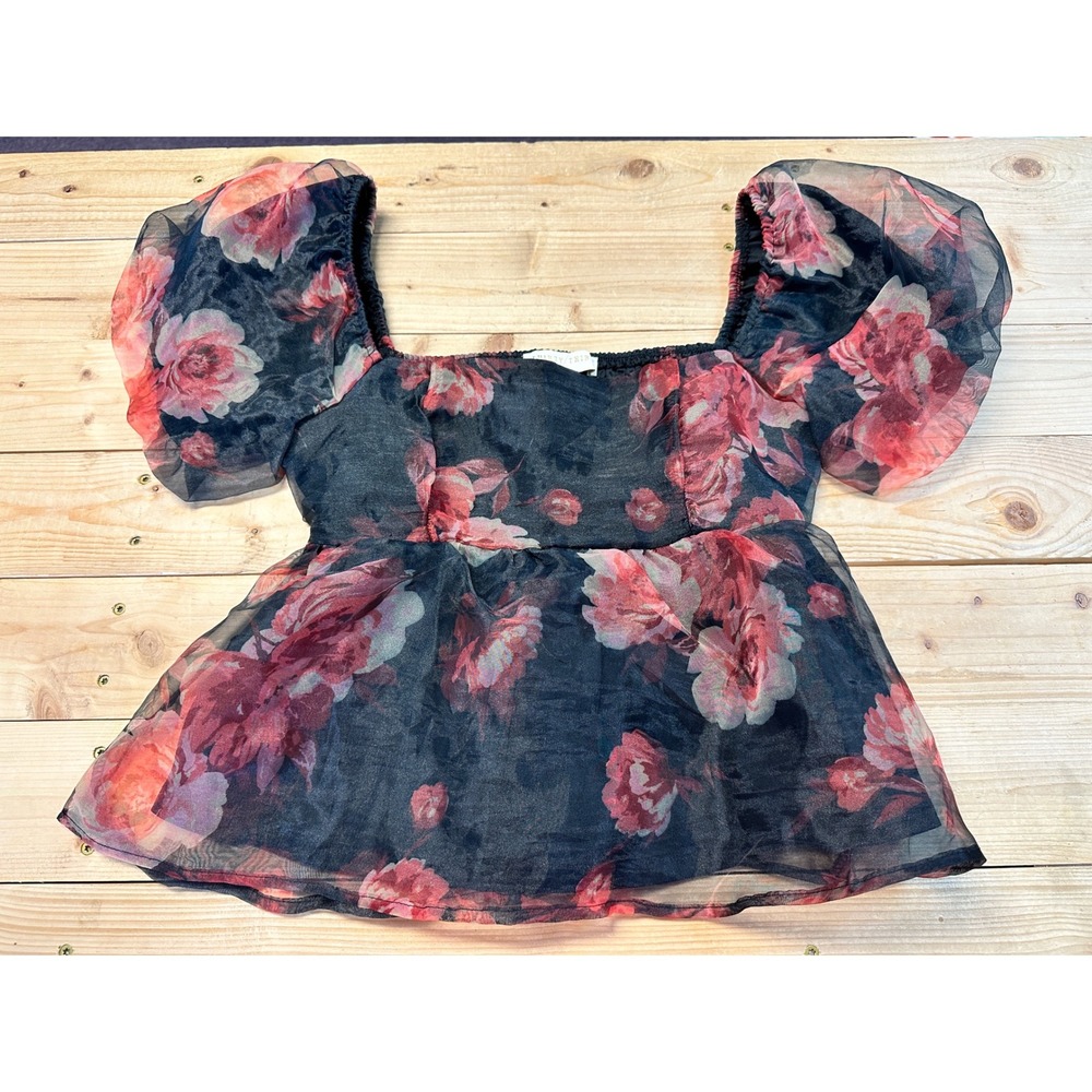 Thirty/Thirty Floral Print Peplum Top Square Neck Puff‎ Sleeve Blouse - Medium